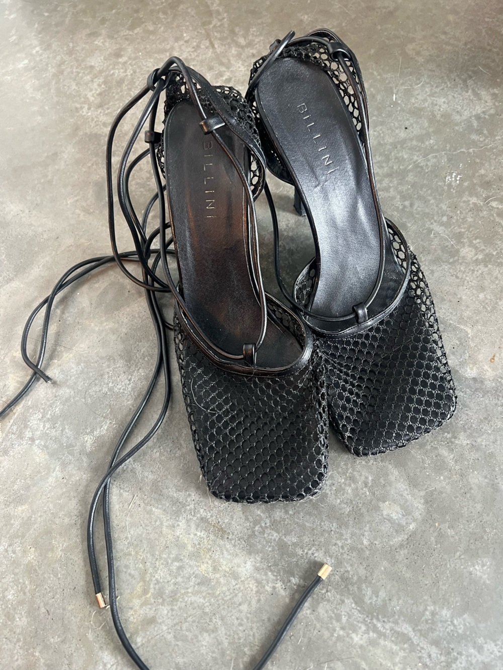 Billini Mesh Black Lace-Up Square Toe Heeled Sandals Size 9
